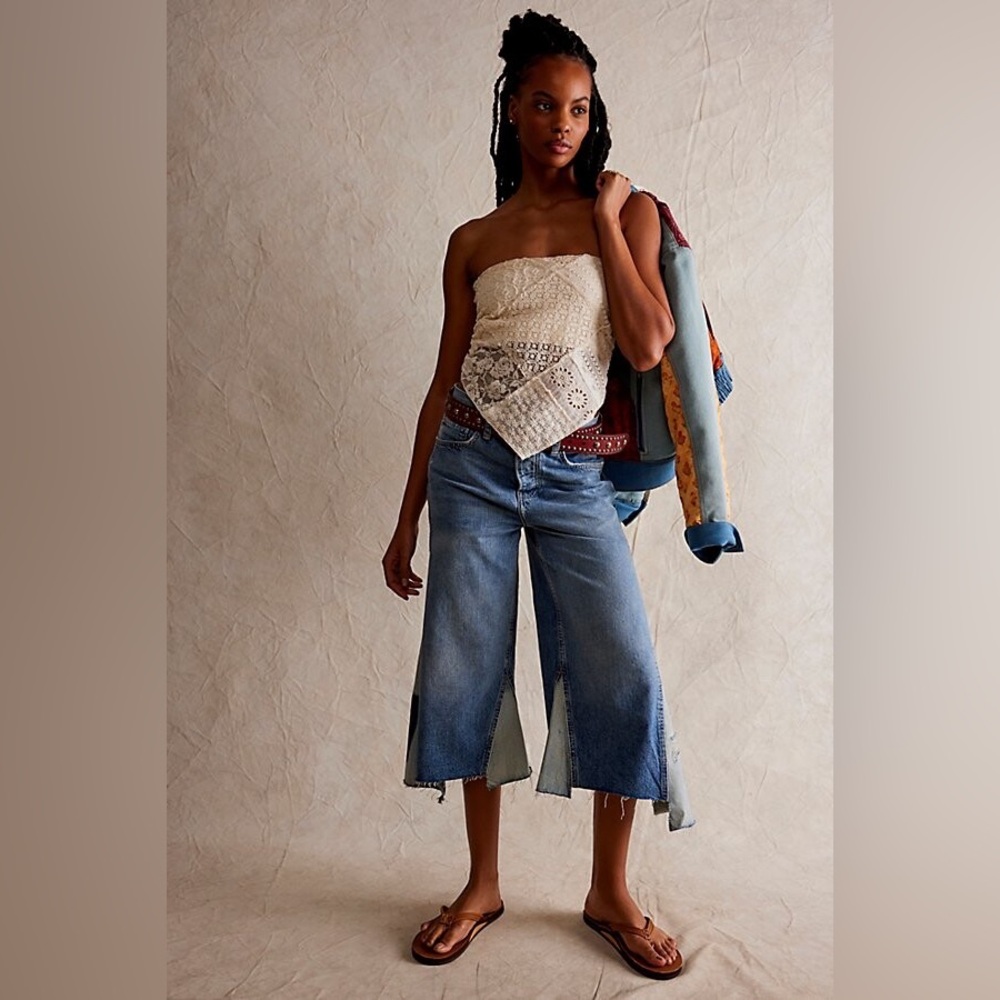 NWOT free people dark wash ripple asymmetric wide leg crop patchwork denim 25